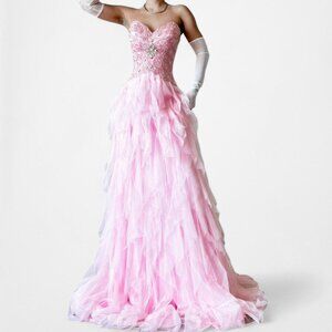 Vintage Pastel Pink Strapless Beaded Ruffle Fit Flared Formal Prom Dress Size M